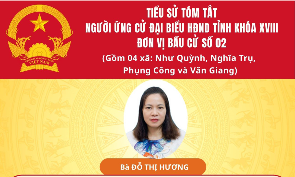 TIỂU SỬ VÀ CHƯƠNG TRÌNH HÀNH ĐỘNG CỦA ỨNG CỬ VIÊN ĐẠI BIỂU HĐND TỈNH KHÓA XVIII TẠI ĐƠN VỊ BẦU CỬ SỐ 2: BÀ ĐỖ THỊ HƯƠNG