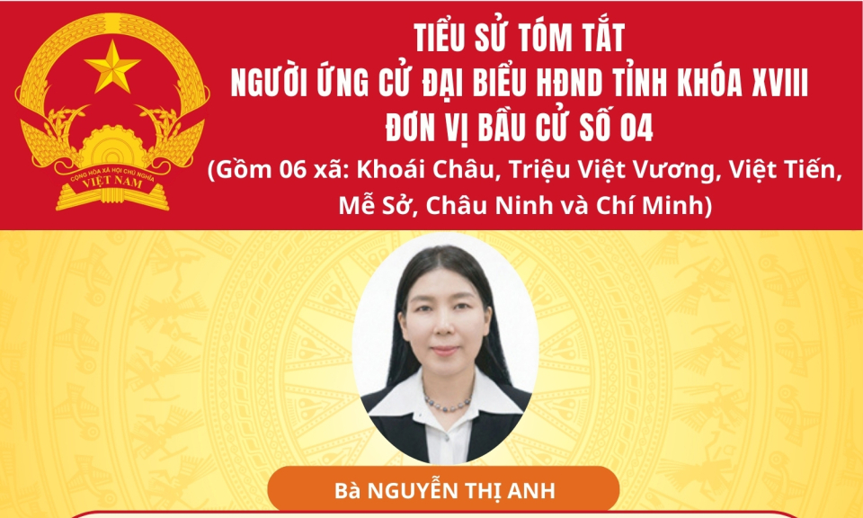 TIỂU SỬ VÀ CHƯƠNG TRÌNH HÀNH ĐỘNG CỦA ỨNG CỬ VIÊN ĐẠI BIỂU HĐND TỈNH KHÓA XVIII TẠI ĐƠN VỊ BẦU CỬ SỐ 4: BÀ NGUYỄN THỊ ANH