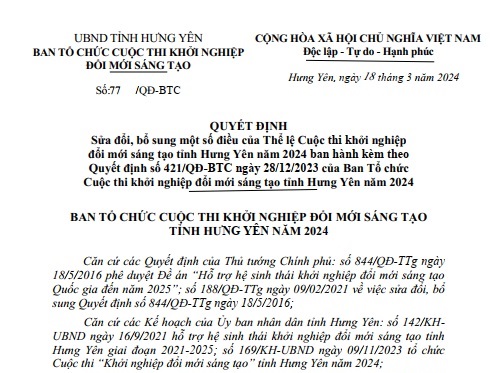 Quyết định Sửa đổi, bổ sung một số điều của Thể lệ Cuộc thi khởi nghiệp đổi mới sáng tạo tỉnh Hưng Yên năm 2024 