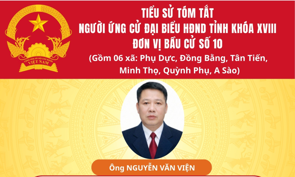 TIỂU SỬ VÀ CHƯƠNG TRÌNH HÀNH ĐỘNG CỦA ỨNG CỬ VIÊN ĐẠI BIỂU HĐND TỈNH KHÓA XVIII TẠI ĐƠN VỊ BẦU CỬ SỐ 10: ÔNG NGUYỄN VĂN VIỆN
