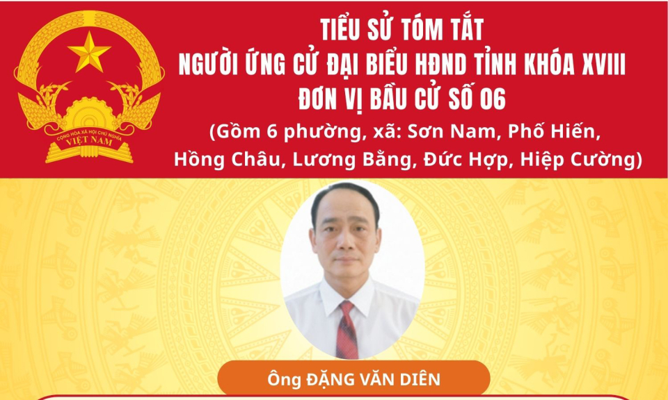 TIỂU SỬ VÀ CHƯƠNG TRÌNH HÀNH ĐỘNG CỦA ỨNG CỬ VIÊN ĐẠI BIỂU HĐND TỈNH KHÓA XVIII TẠI ĐƠN VỊ BẦU CỬ SỐ 6: ÔNG ĐẶNG VĂN DIÊN
