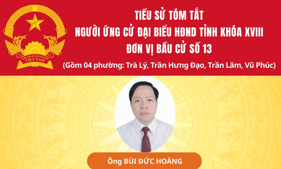 TIỂU SỬ VÀ CHƯƠNG TRÌNH HÀNH ĐỘNG CỦA ỨNG CỬ VIÊN ĐẠI BIỂU HĐND TỈNH KHÓA XVIII TẠI ĐƠN VỊ BẦU CỬ SỐ 13: ÔNG BÙI ĐỨC HOÀNG