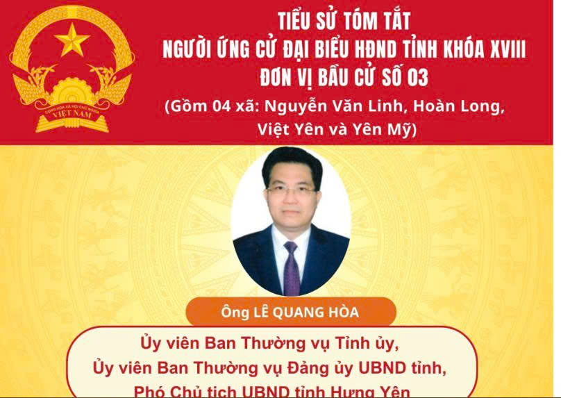 TIỂU SỬ VÀ CHƯƠNG TRÌNH HÀNH ĐỘNG CỦA ỨNG CỬ VIÊN ĐẠI BIỂU HĐND TỈNH KHÓA XVIII TẠI ĐƠN VỊ BẦU CỬ SỐ 3: ÔNG LÊ QUANG HÒA