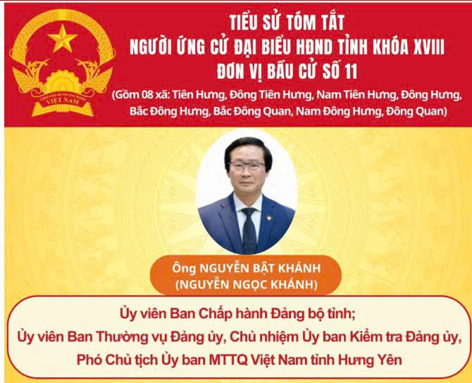 TIỂU SỬ VÀ CHƯƠNG TRÌNH HÀNH ĐỘNG CỦA ỨNG CỬ VIÊN ĐẠI BIỂU HĐND TỈNH KHÓA XVIII TẠI ĐƠN VỊ BẦU CỬ SỐ 11: ÔNG NGUYỄN BẬT KHÁNH